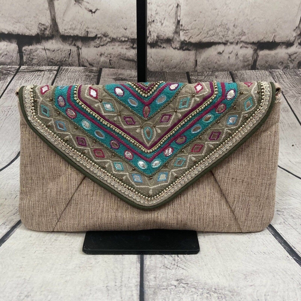 Chico's Jerri Clutch Embellished Embroidered Chain Bag‎ Turquoise Tan New